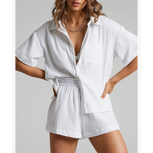 Casual 2 Piece Cotton Linen Set - Button Down Shirt Shorts Resort / Beach Wear - Picture 1 of 3